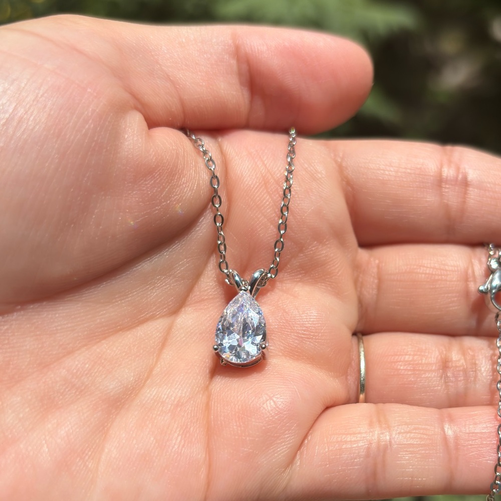 18K White Gold Plated Stainless Steel Diamond Pendant Necklace - Picture 3 of 5